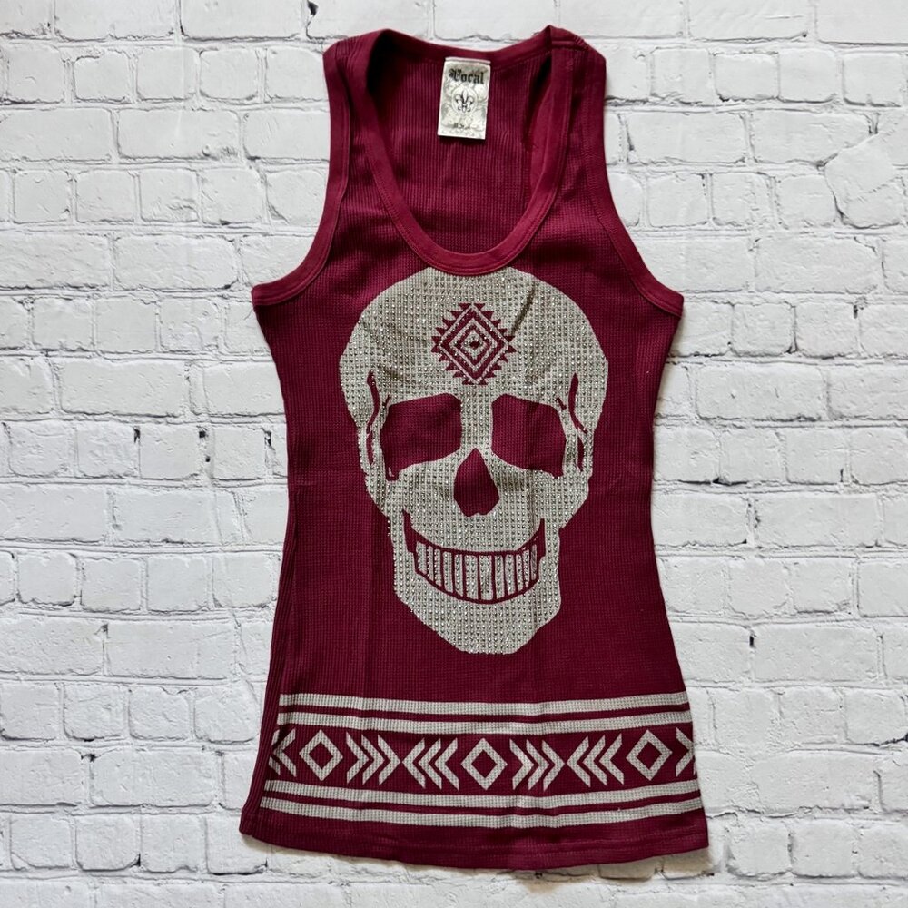 New Vocal Apparel Womens Crystal Burgundy Taupe Skull Aztec Tank Top S Small
